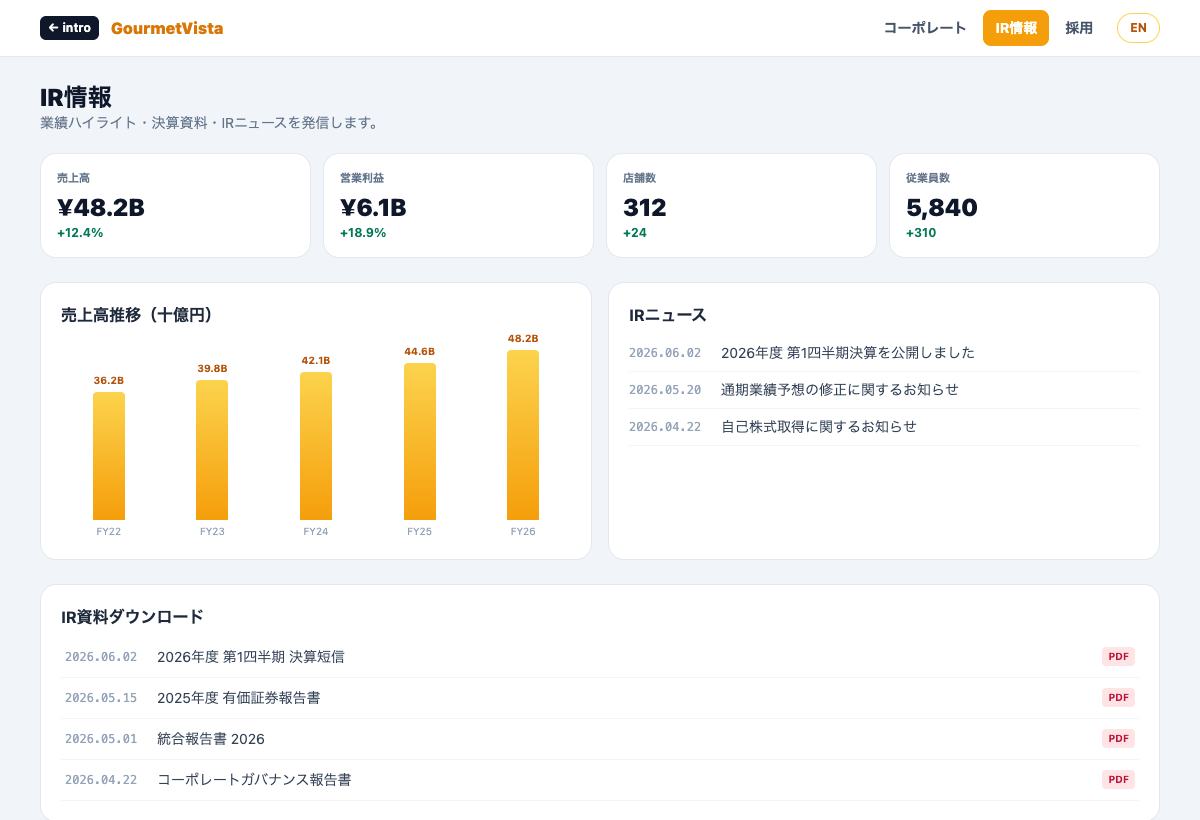 GourmetVistaのコーポレートサイトトップ画面。ブランド情報とIRニュースを同じ導線で確認できる