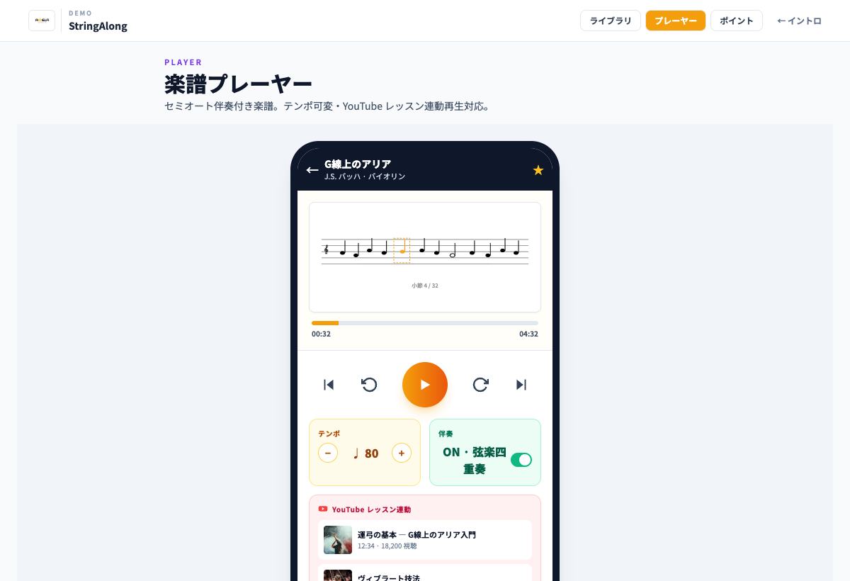 StringAlongの弦楽器向け楽譜ライブラリ画面デモ
