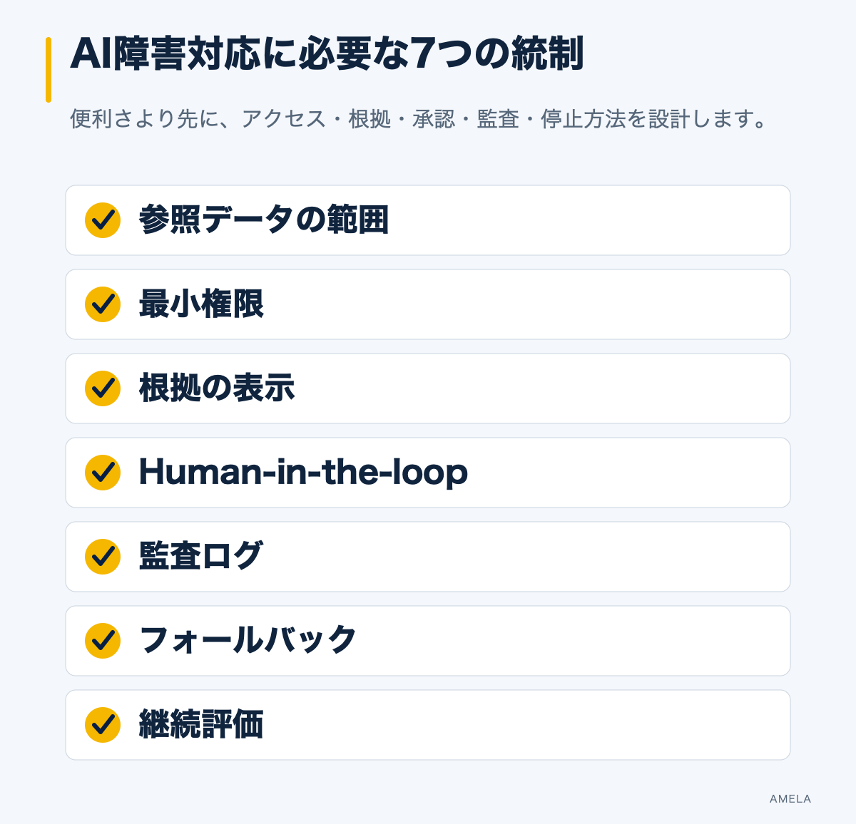 AIエージェントをIT運用へ安全に導入するデータ範囲、権限、根拠、承認、監査、停止、評価の7項目