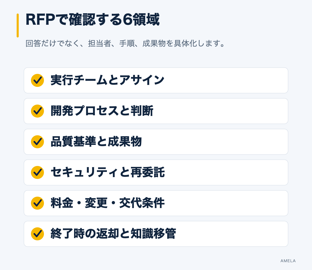 オフショア開発のRFPで確認するチーム、運営、品質、セキュリティ、契約、移管の6領域